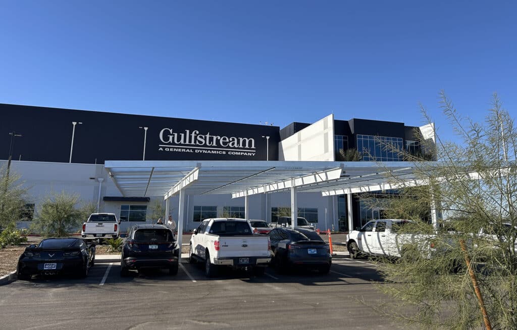 Gulfstream's building stands behind its parking lot structure.