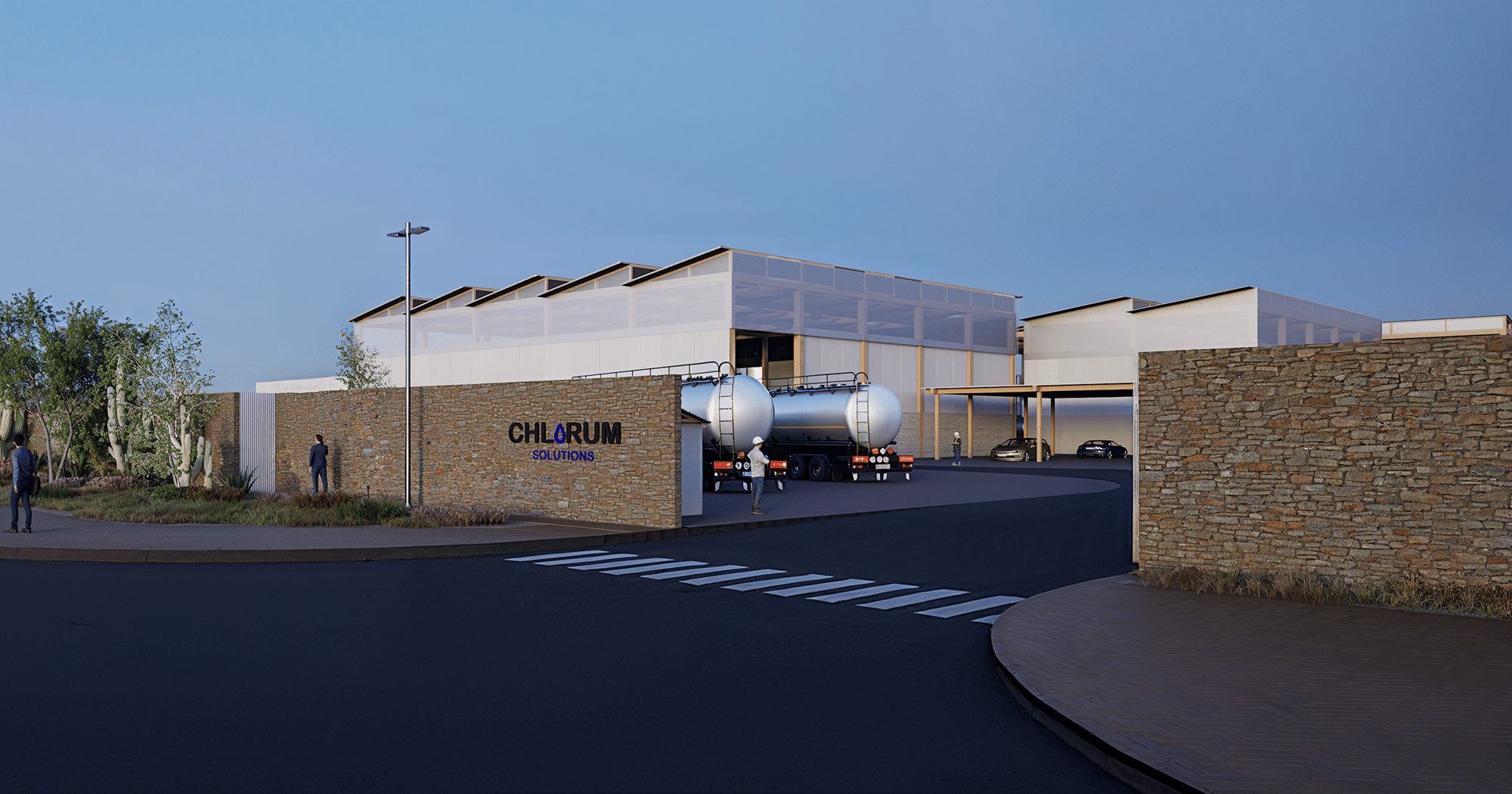 A rendering of the new Chlorum Solutions facility shows a white building with slants in the roofs behind a brick wall bearing the company name.